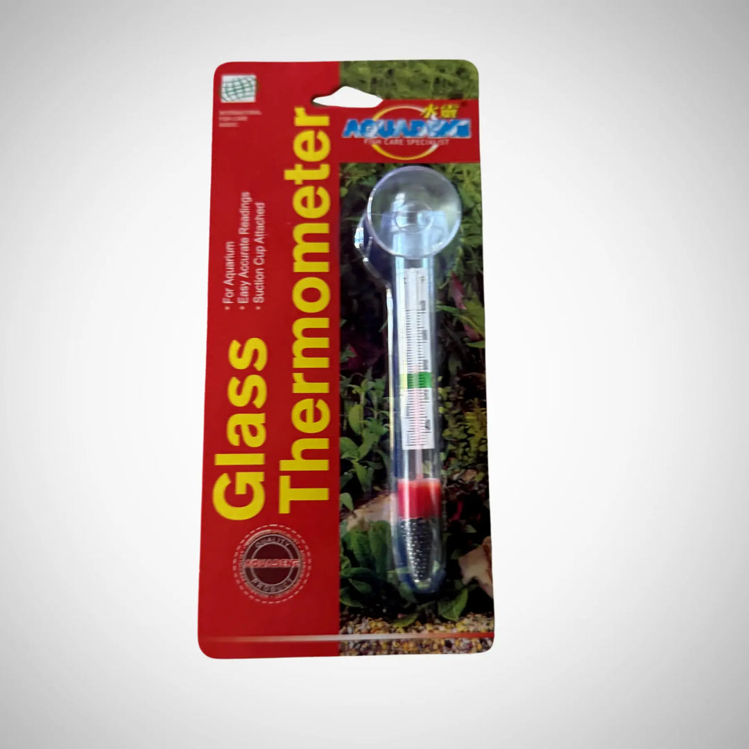 Glass aquarium thermometer with suction cup and coloured temperature reading zones