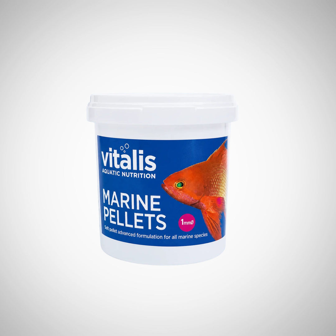 Tub of Vitalis Marine Pellets soft-sinking fish food for marine aquariums by Living Oceans.